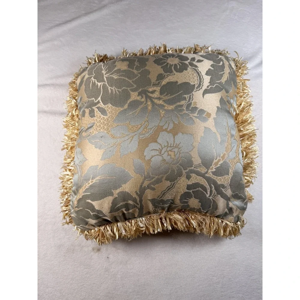 Gold Floral Fringe Throw Pillow‎ 16x16 Textured Square Indoor Decor Accent